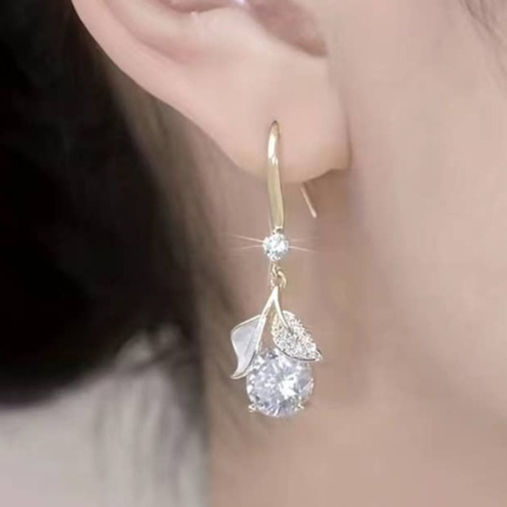Zircon Ginkgo Leaf Hook‎ Earrings Shiny Sparkle Dangle Drop Festive Sparkle